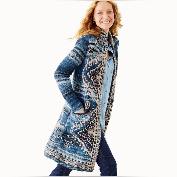 J. Jill  Sz XL Wool Blend Cardigan Duster Chunky Fair Isle Jacquard Blue - Picture 1 of 12